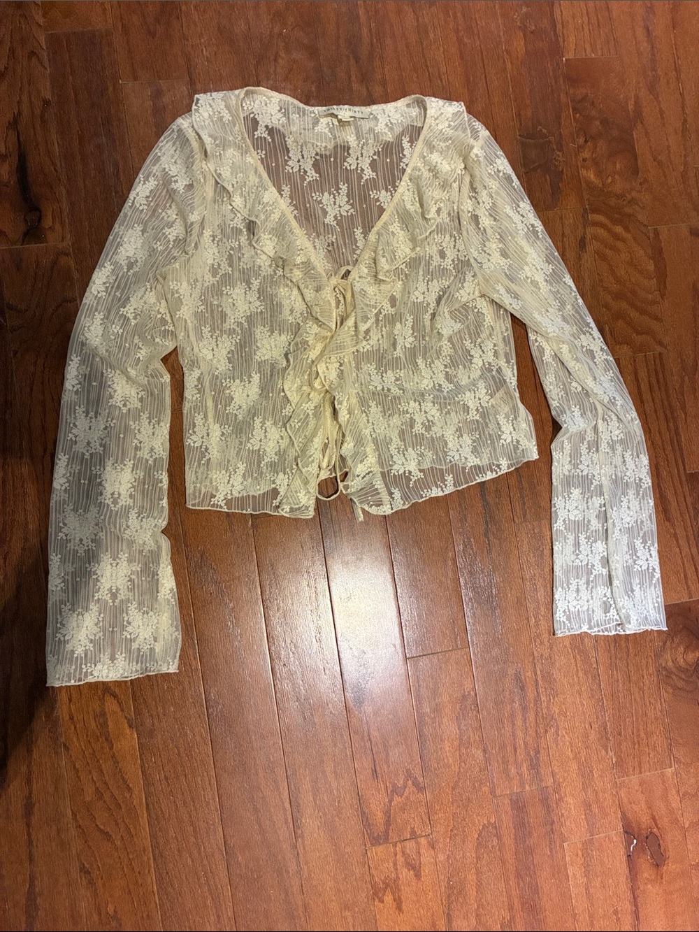Sheer Floral Lace Tie-Front Blouse in Cream